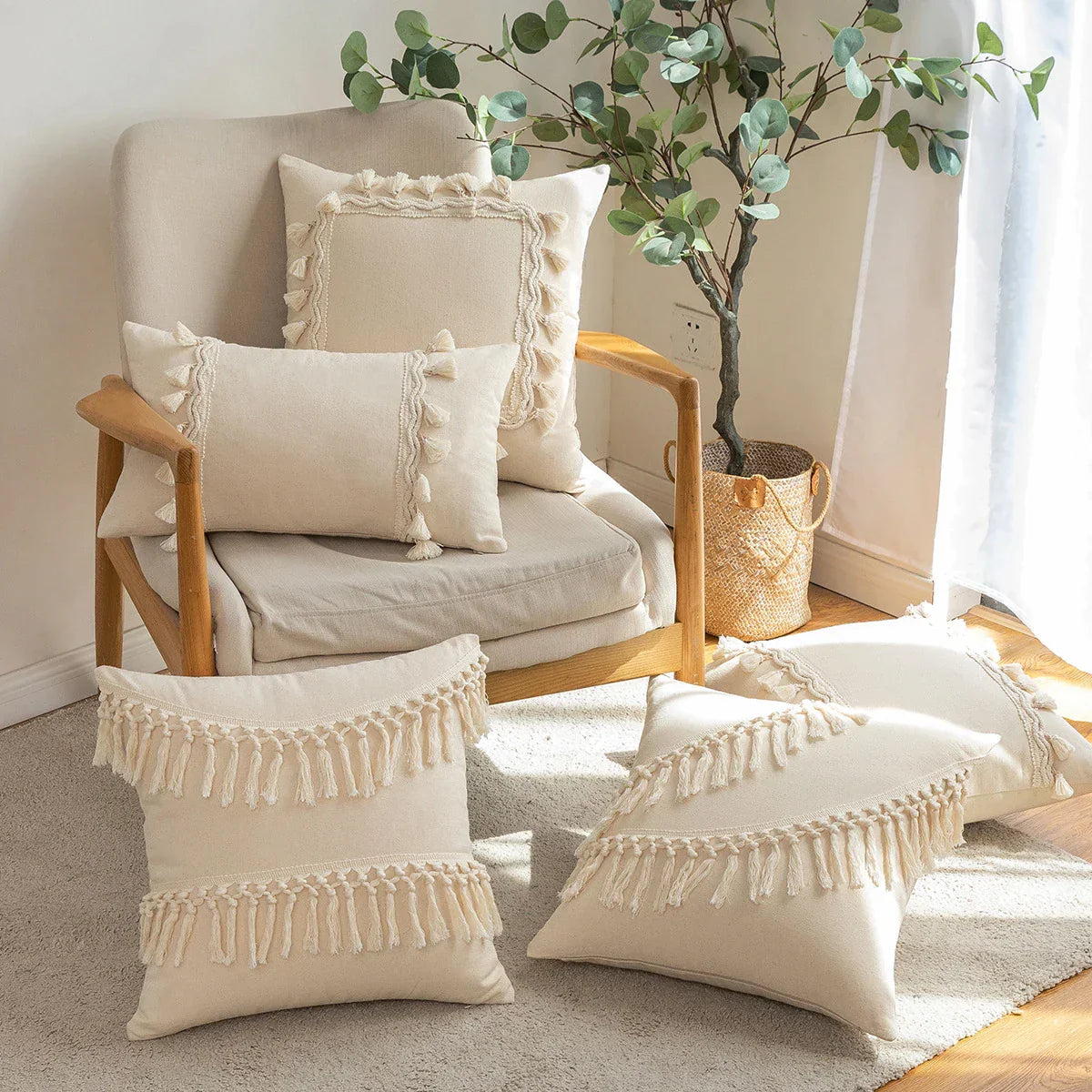 DecorBites™ Beige Tufted Fringed Cushion Cover Cotton Linen Tassel Crochet Pillow Cover