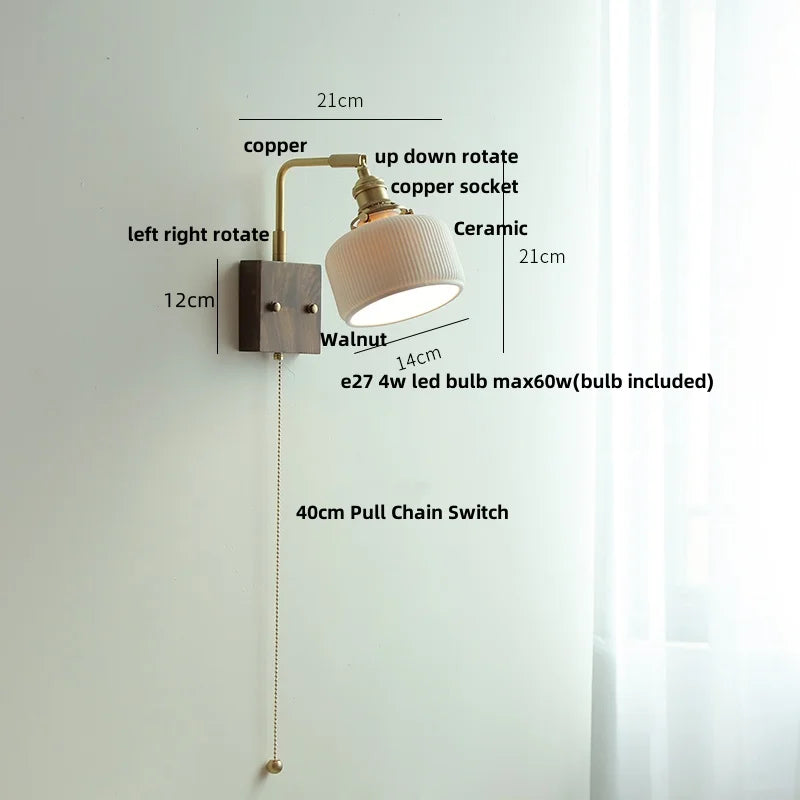 DecorBites™ Globe Ceramic Walnut Wood Wall Light with Pull Chain Switch and Rotatable Design