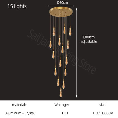 DecorBites™ Gold Crystal Chandelier for Modern Living, Dining & Stair Lighting