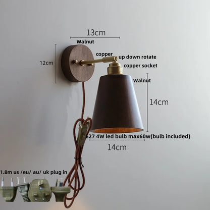 DecorBites™ Copper Lampshade LED Wall Sconce Pull Chain Switch Nordic Modern Walnut Wood Mirror Light