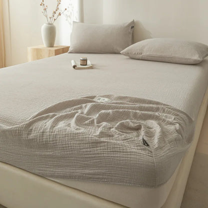 DecorBites™ Cotton Fitted Sheet: Wrinkled Yarn, Nordic Comfort, All Seasons Bed Cover