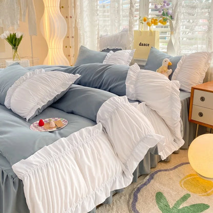 DecorBites™ Lace Trim Bedding Set Queen/King Size Comforter Sets Solid Color Bed Skirt