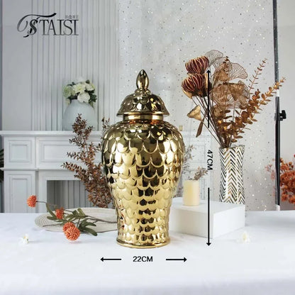 DecorBites™ Geometric Golden Porcelain Jar - Home Decor Vase & Storage Tank