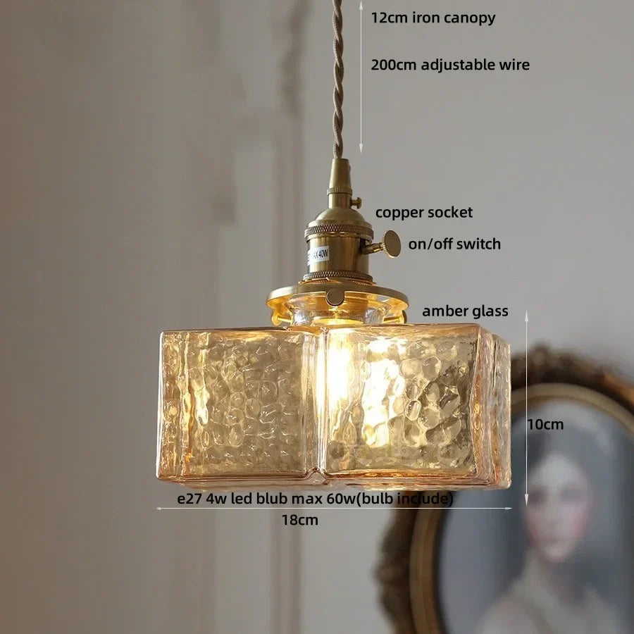 DecorBites™ Cube Amber Glass LED Pendant Lamp | Modern Hanging Light Fixtures