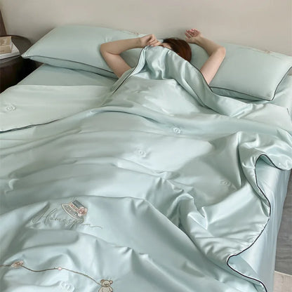 DecorBites™ Ice Rayon Summer Quilt: Bear Floral Embroidery Cooling Thin Blanket - Antimicrobial Comforter