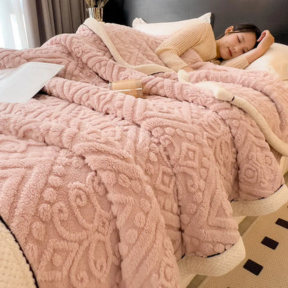 DecorBites™ Double-Layer Coral Fleece Blanket: Super Soft Queen King Quilt for Winter