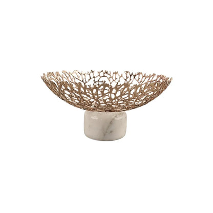 DecorBites™ Coral Disc Pedestal | Metal Tray Marble Base Fruit Plate Gold Compote