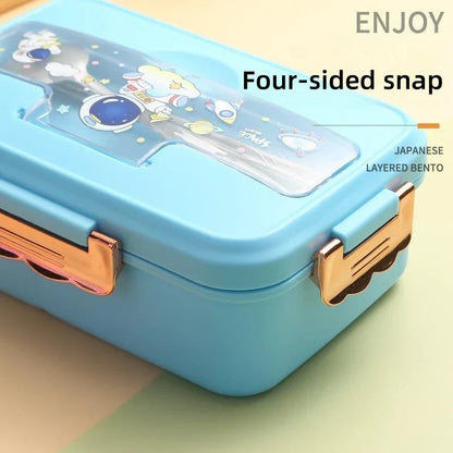 DecorBites™ Kids Cartoon Bento Lunch Box with Fork Spoon, Heated 3 Grid Sandwich Snack Box