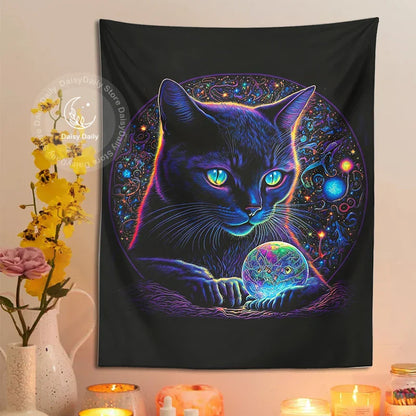 DecorBites™ Black Cat Tapestry: Trippy Magic Crystal Ball Wall Art for Boho Home Decor