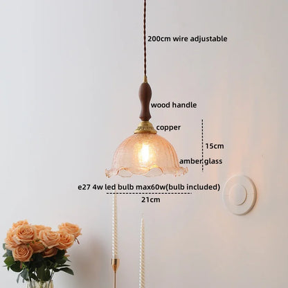 DecorBites™ Green Glass LED Pendant Lamp with Knob Switch, Copper Chandelier