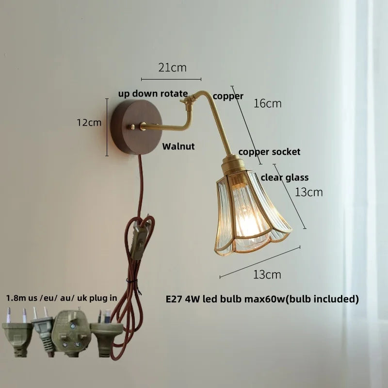 DecorBites™ Clear Glass LED Wall Sconce Pull Chain Switch Rotate Arm Walnut Wood Stair Light