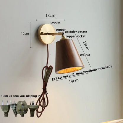 DecorBites™ LED Walnut Wood Wall Sconce Pull Chain Switch Modern Japanese Style Mirror Light