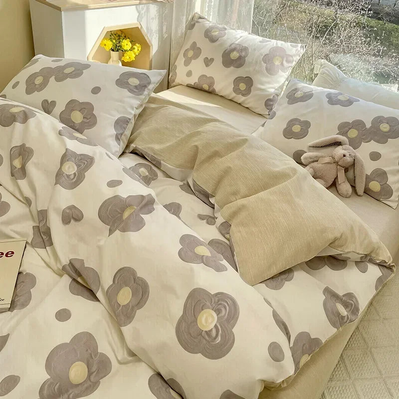 DecorBites™ Double-Sided Floral Print Cotton Bedding Set - Queen Size Soft Duvet Cover Set