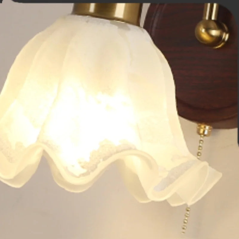 DecorBites™ LED Wall Light Glass Fixture Pull Chain Switch Wood Bedside Sconce