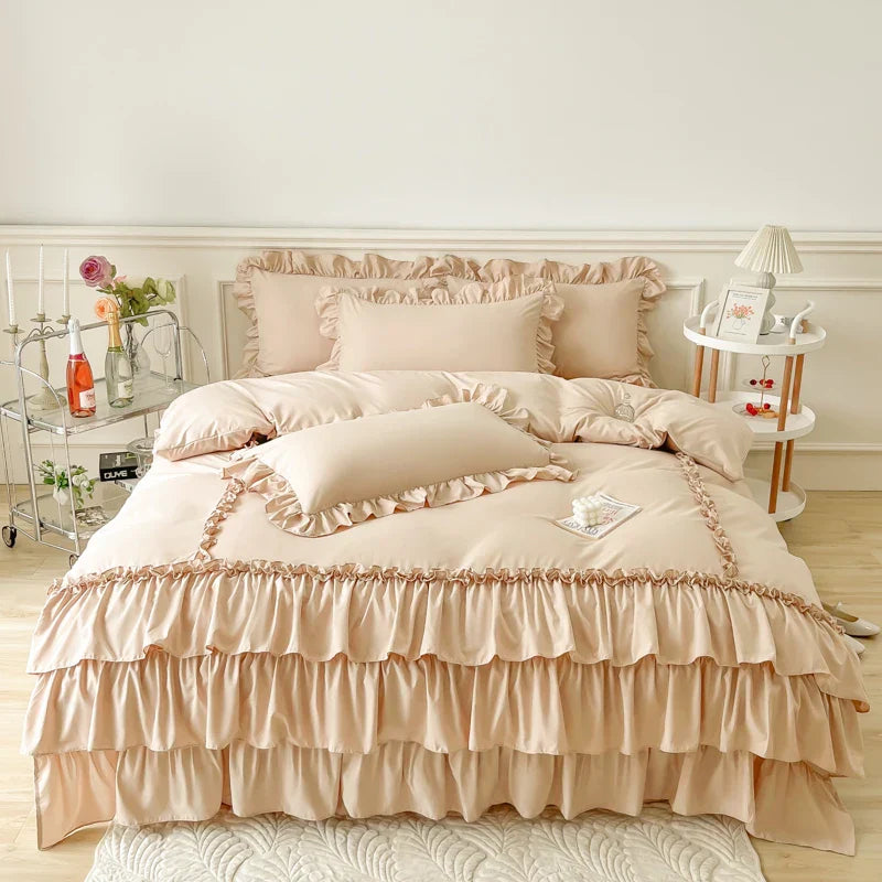 DecorBites™ Lace Ruffle Princess Bedding Set with Bed Skirt & Pillowcases