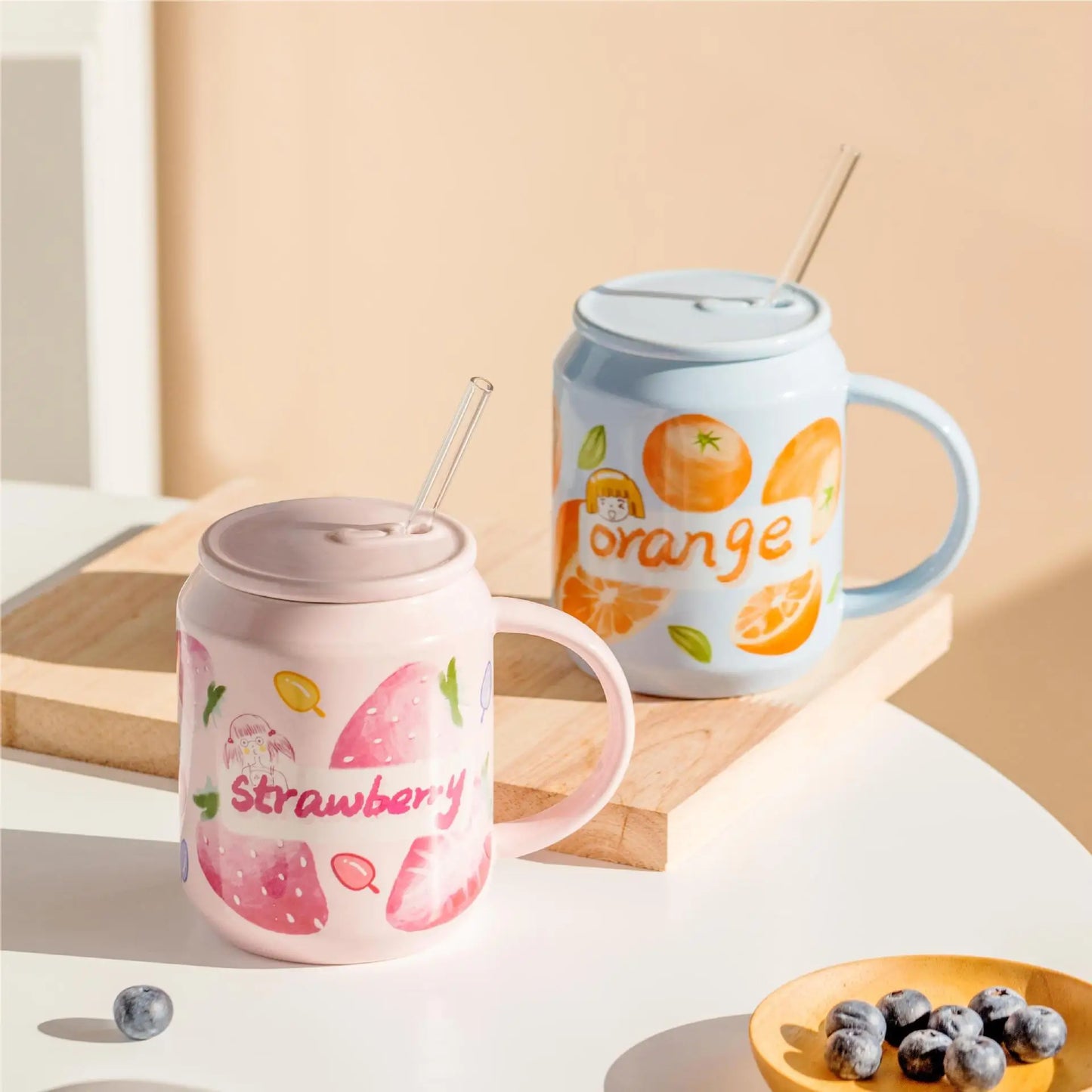 DecorBites™ Fruit Shape Ceramic Mug with Lid and Straw, Cute Korean Style Design