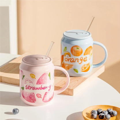 DecorBites™ Fruit Shape Ceramic Mug with Lid and Straw, Cute Korean Style Design