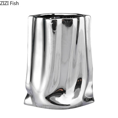 DecorBites™ Gold Plated Pleated Texture Ceramic Vase for Desk Decor and Flower Arrangements