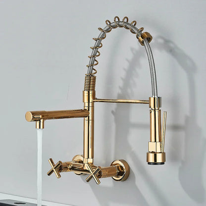 DecorBites™ Gold Black Kitchen Faucet Wall Mount Pull Down Tap Dual Swivel Spouts