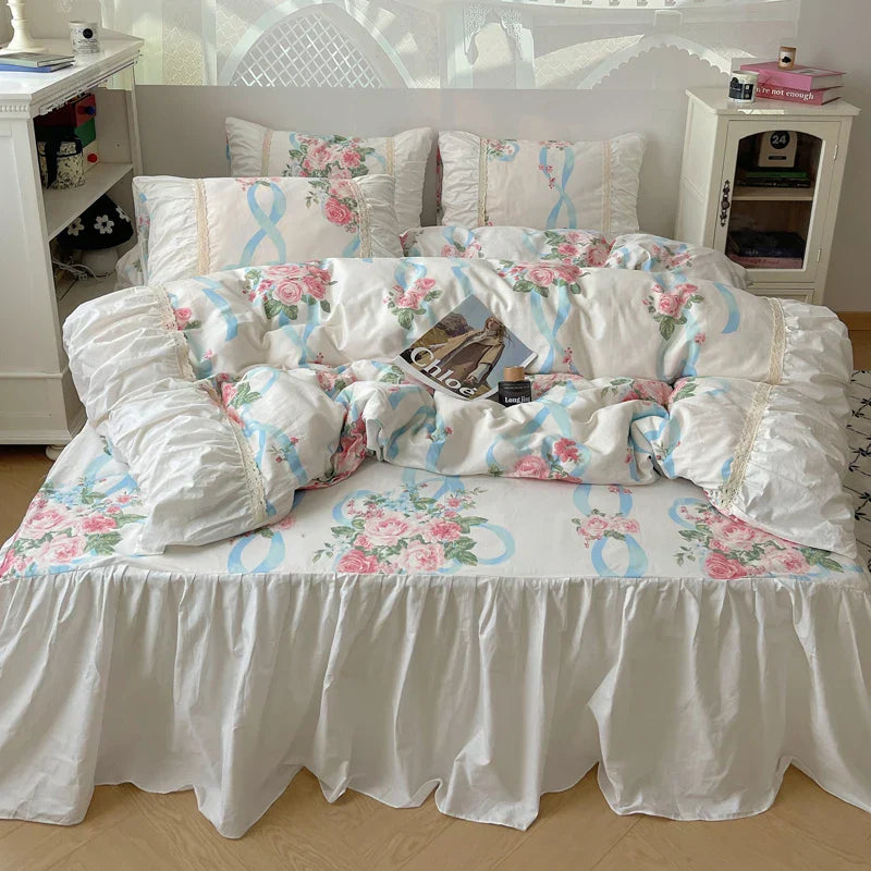 DecorBites™ Korean Princess Flowers Bedding Set - Duvet Cover, Bed Skirt, Pillowcases