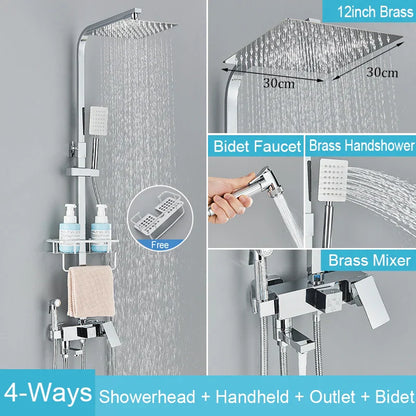 DecorBites™ Black Brass Shower Faucet Set Rainfall Bathtub Tap With Bathroom Shelf