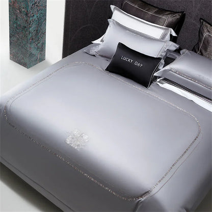 DecorBites™ Cotton Satin Jacquard Embroidery Bedding Set with Elastic Sheet & Duvet Cover