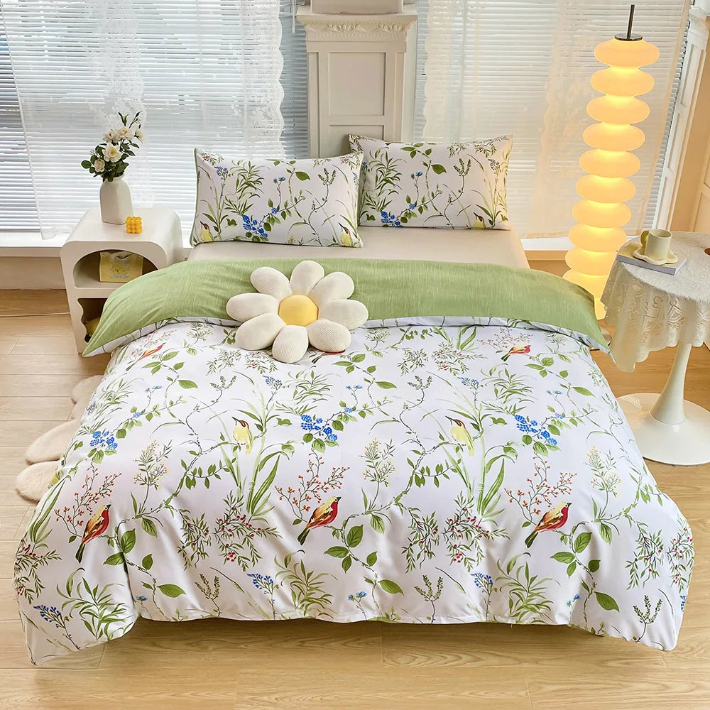 Green Floral Bedding Set Polyester 200x230cm