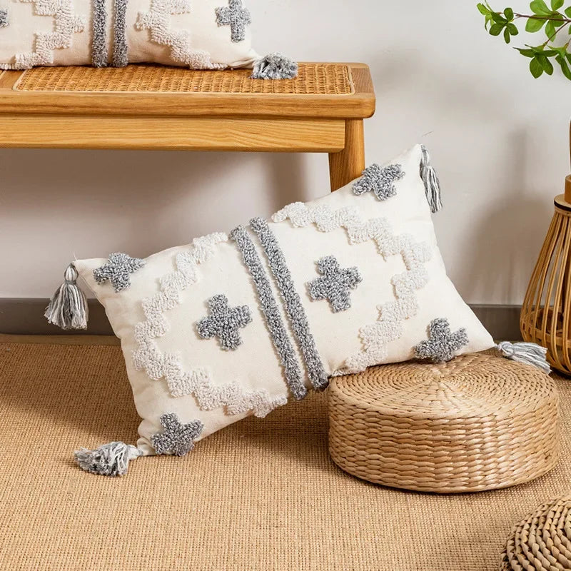 DecorBites™ Geometric Tufted Tassel Cushion Cover White Grey Bohemian Decor Pillow Cover