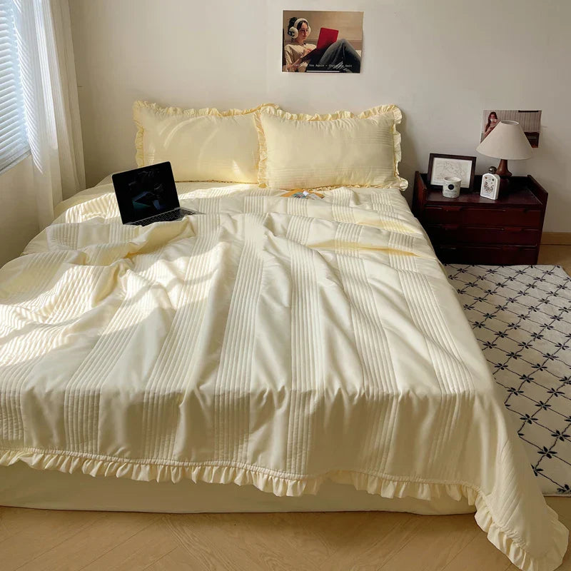 DecorBites™ Korean Princess Lace Ruffles Summer Quilt Bedspread - 3Pc Bedding Set