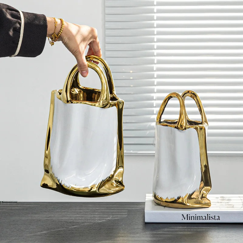 Gold Handbag Ceramic Vase Large Tabletop Decor