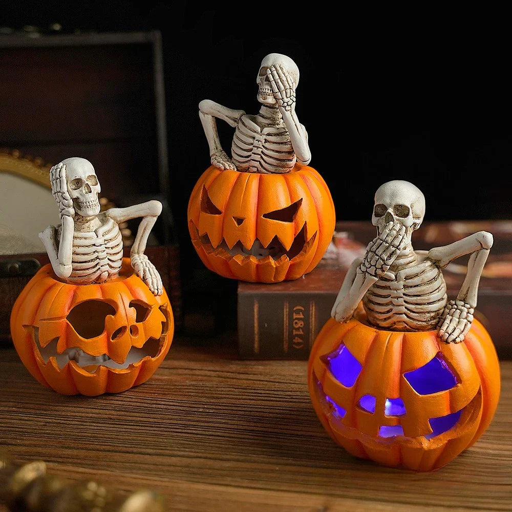 DecorBites™ Halloween Skull Pumpkin Skeleton Sculpture Resin Home Decor Statuette
