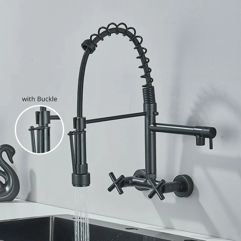 DecorBites™ Gold Black Kitchen Faucet Wall Mount Pull Down Tap Dual Swivel Spouts