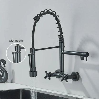 DecorBites™ Gold Black Kitchen Faucet Wall Mount Pull Down Tap Dual Swivel Spouts