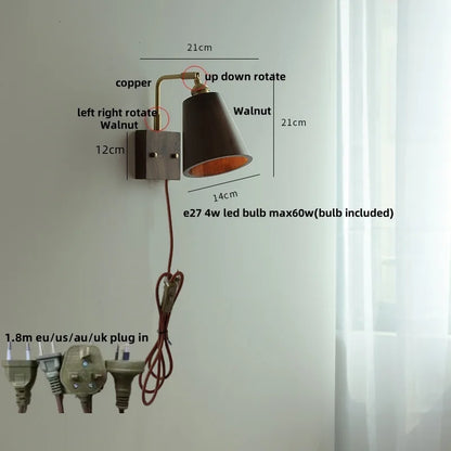 DecorBites™ Copper LED Wall Light Sconce Pull Chain Switch Rotatable Bedside Lamp