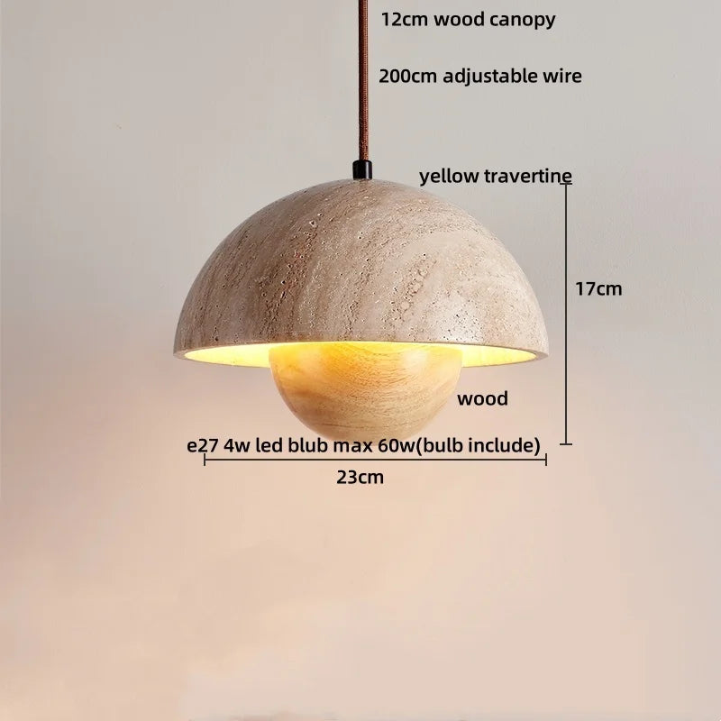 DecorBites™ LED Wood Canopy Pendant Lights Yellow Travertine Stone Hanging Lamp