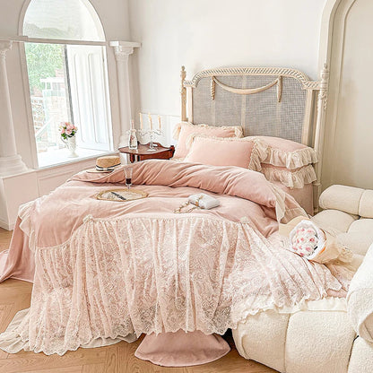 DecorBites™ French Lace Ruffles Princess Wedding Bedding Set, Velvet Fleece Duvet Cover Set