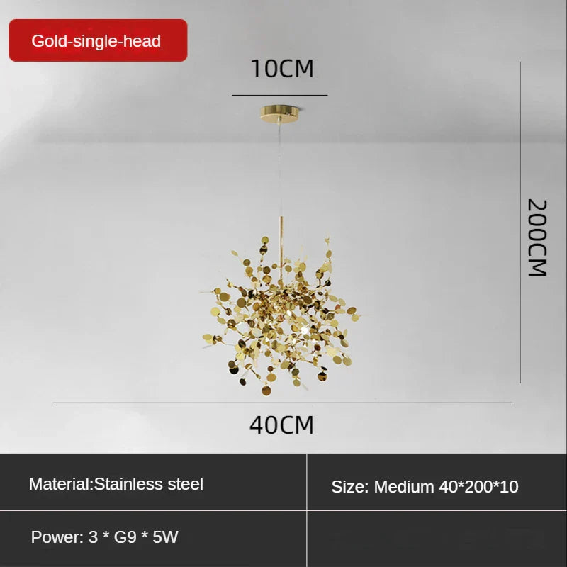 Sequin Leaf Ceiling Chandelier Gold 6-Head Long