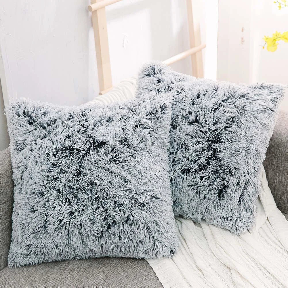 DecorBites™ Cozy Plush Fur Cushion Cover 43x43cm White Grey Sofa Decor Pillowcase