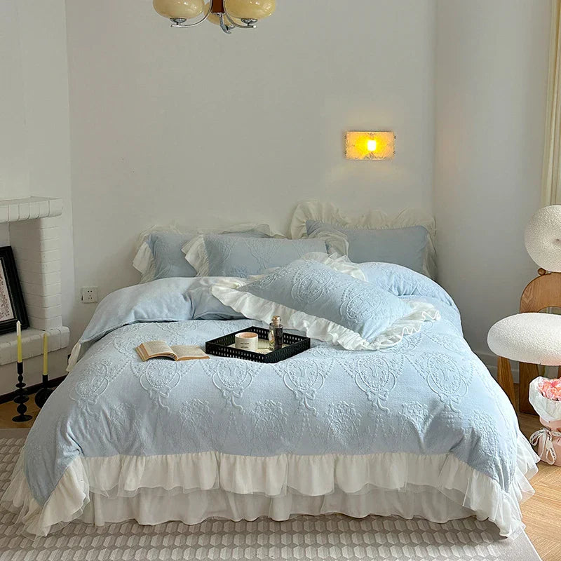 DecorBites™ French Carved Velvet Lace Ruffles Bedding Set, Coral Velvet Duvet Cover, Luxury Bed Sheet