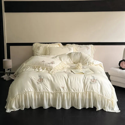 DecorBites™ Flowers Embroidery Lace Ruffles Bedding Set in Soft Lyocell Fabric