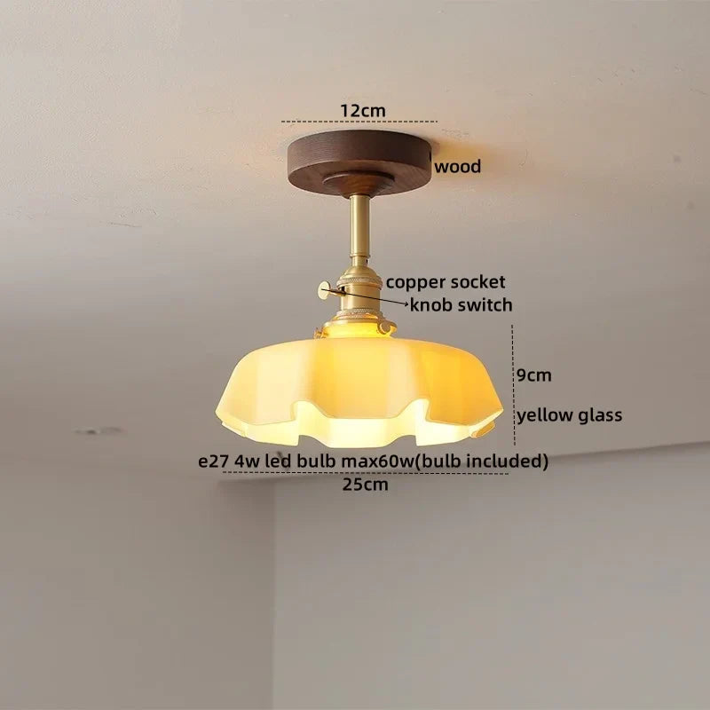 DecorBites™ Green Glass LED Ceiling Lights: Modern Copper Wood Indoor Lamp