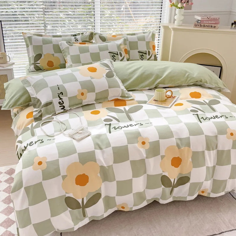 DecorBites™ Cozy Flower Print Bedding Set: Brushed Cotton, Skin-Friendly, Soft, Thick, 4Pcs