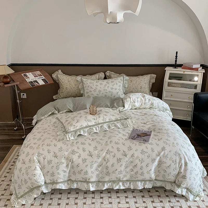 DecorBites™ French Floral Bedding Set, 100% Cotton, Ruffles, Duvet Cover, Bed Sheet, Pillowcases
