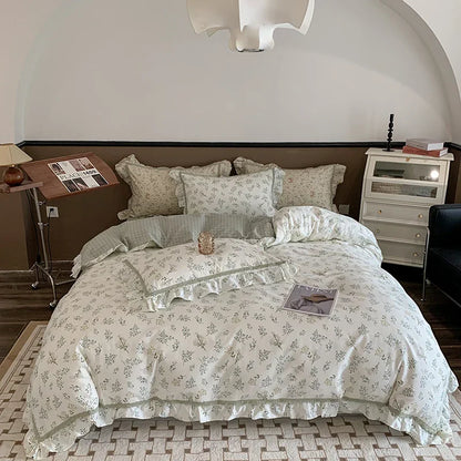 DecorBites™ French Floral Bedding Set, 100% Cotton, Ruffles, Duvet Cover, Bed Sheet, Pillowcases