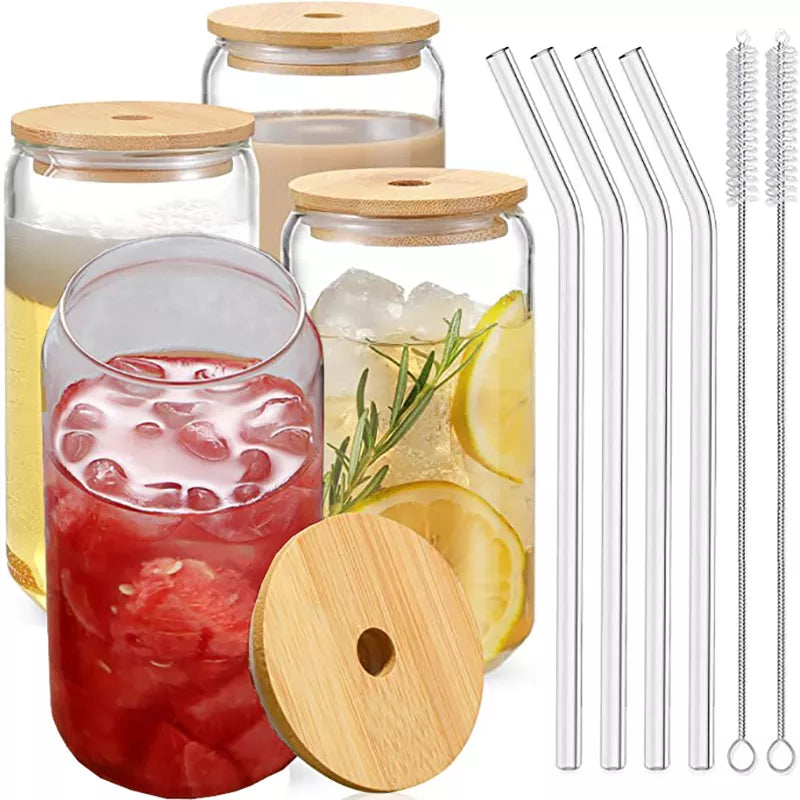 DecorBites™ Glass Cup Set with Bamboo Lid: Bubble Tea, Coffee, Wine, Milk Tea Mug.
