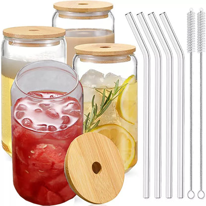 DecorBites™ Glass Cup Set with Bamboo Lid: Bubble Tea, Coffee, Wine, Milk Tea Mug.