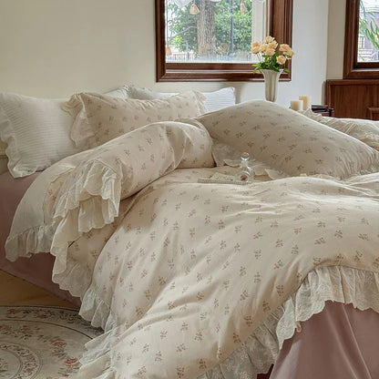 DecorBites™ Elegant Floral Lace Ruffles Bedding Set with Double Yarn - Soft Cotton Blend
