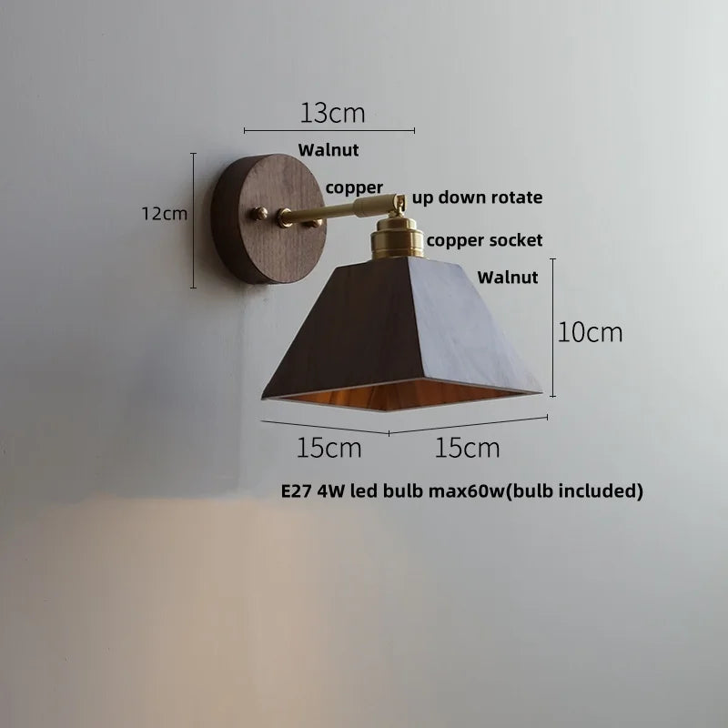 DecorBites™ Copper Lampshade LED Wall Sconce Pull Chain Switch Nordic Modern Walnut Wood Mirror Light