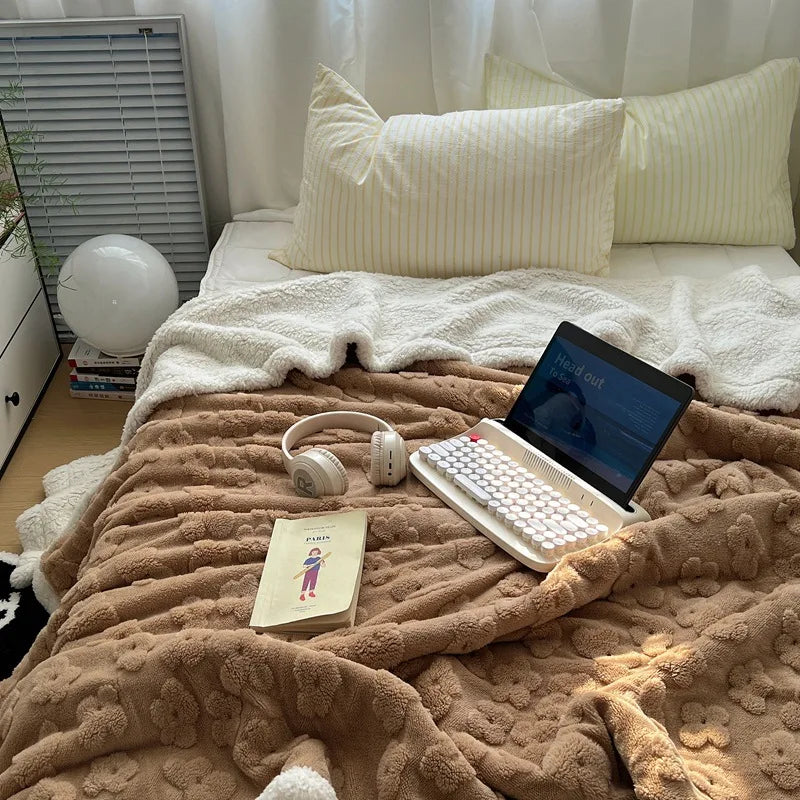 DecorBites™ Cozy Lamb Wool Flower Jacquard Blanket: Luxe Solid Color Sofa Quilt for Winter