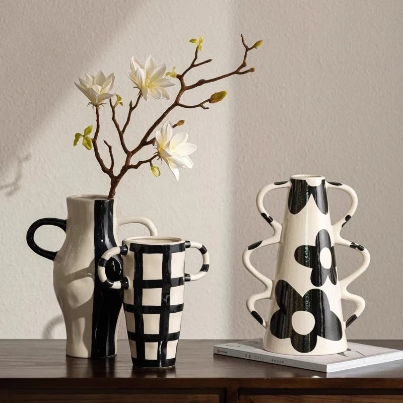 DecorBites™ Geometric Check Pattern Ceramic Vase with Handle for Home Decoration